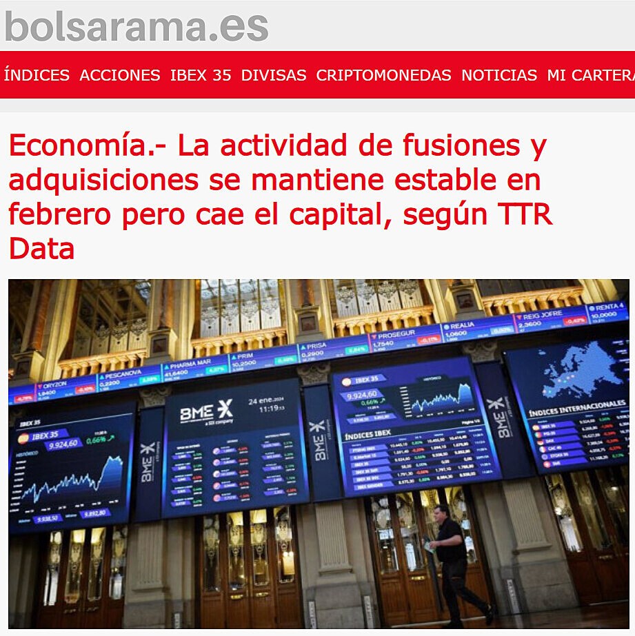 Economa.- La actividad de fusiones y adquisiciones se mantiene estable en febrero pero cae el capital, segn TTR Data